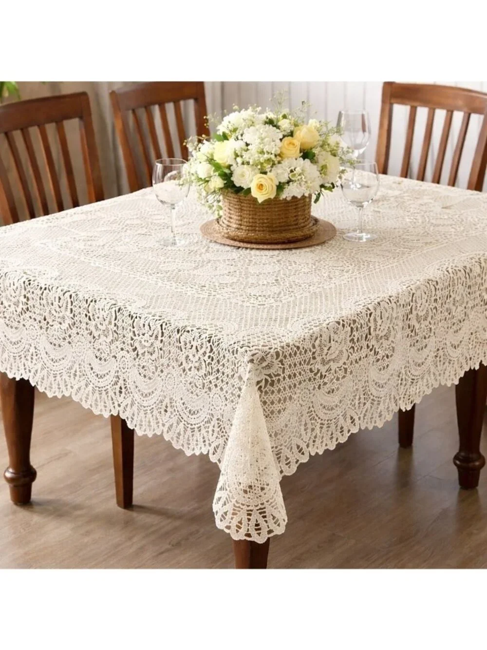 Holiday Time PVC Crochet Tablecloth 60x90 Bone Oblong Vinyl Dining Table Cover